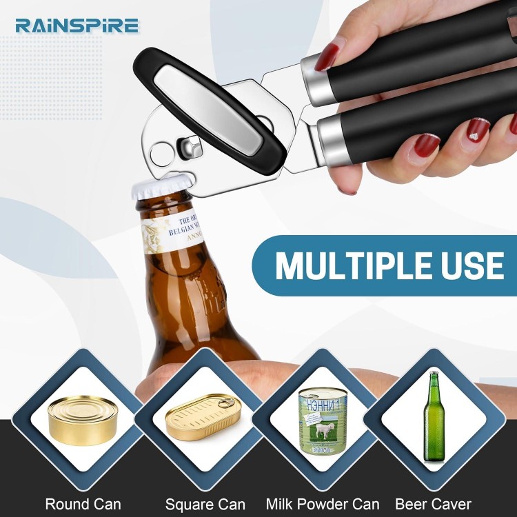 Can Opener Manual Handheld Strong Manual Can Opener Smooth Edge Cut, Can Opener Heavy Duty, Comfortable Soft Handle, Built-in Bottle Opener, Black