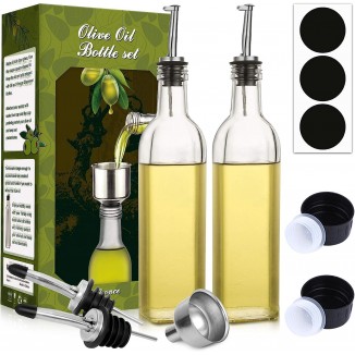 Clear Oil & Vinegar Cruet Bottle with Pourers, Funnel and Labels - Olive Oil Carafe Decanter for Kitchen