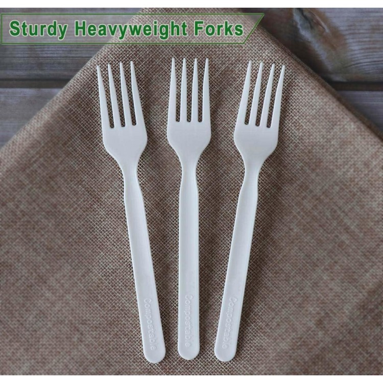 Heavy-duty Compostable Forks, BPI Certified 100 Count 7 Large Disposable Cutlery Utensils Silverware Flatware Fork