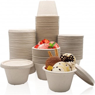100 Pcs 4 Oz Bagasse Fiber Condiment Cups with Lids, Compostable Portion Cups, Disposable Souffle
