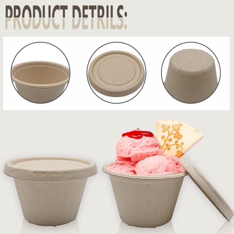 100 Pcs 4 Oz Bagasse Fiber Condiment Cups with Lids, Compostable Portion Cups, Disposable Souffle