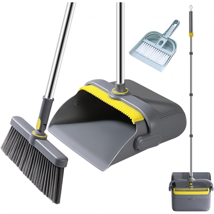 Broom and Dustpan Set with 54 Long Handle, Windproof Stand Up Dustpan with Broom Combo for Home Kitchen
