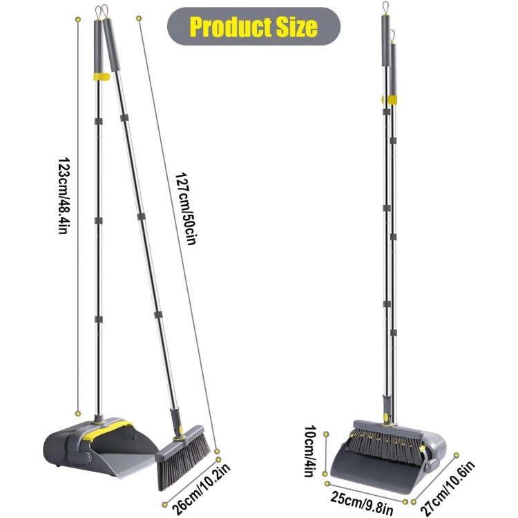 Broom and Dustpan Set with 54 Long Handle, Windproof Stand Up Dustpan with Broom Combo for Home Kitchen
