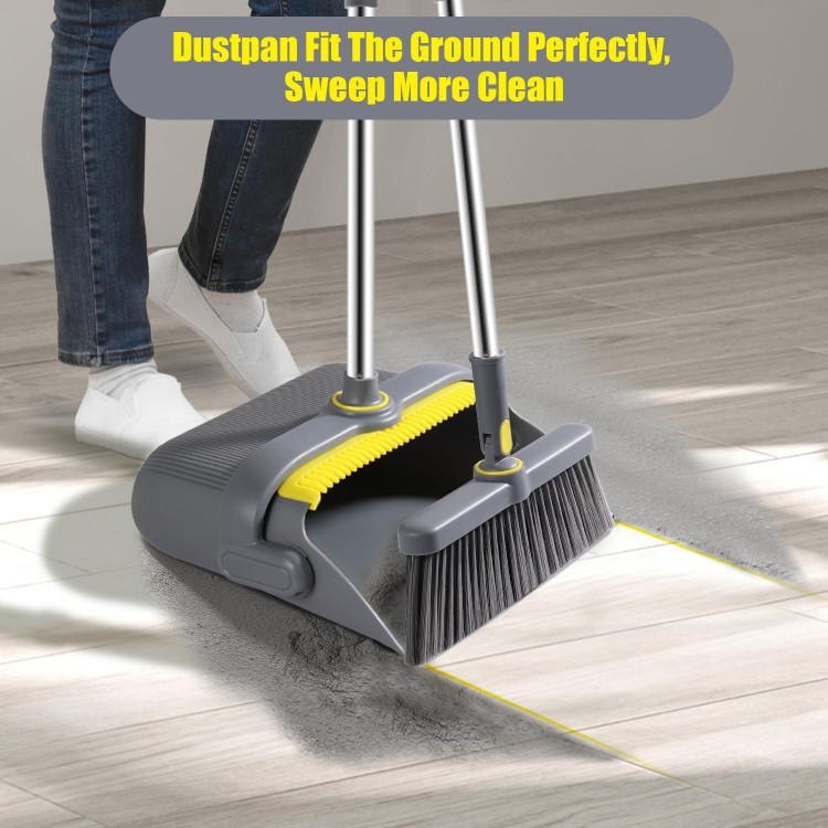 Broom and Dustpan Set with 54 Long Handle, Windproof Stand Up Dustpan with Broom Combo for Home Kitchen