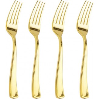 Liacere 200pcs Gold Plastic Forks - Heavyweight Forks - 7.4 Inch Heavy Duty - Gold Plastic Silverware Perfect