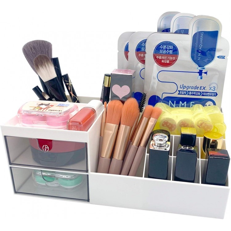 Cosmetic/Makeup Vanity Organizer Box, Mini Desk Storage for Office Supplies, Bathroom Counter or Dresser, White