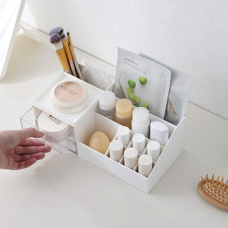 Cosmetic/Makeup Vanity Organizer Box, Mini Desk Storage for Office Supplies, Bathroom Counter or Dresser, White
