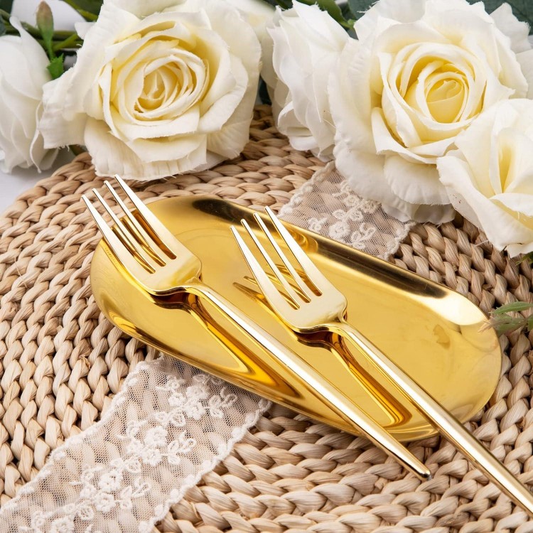 U-QE 180Pcs Gold Plastic Forks, Disposable Heavy Duty Plastic Forks, Heavyweight Plastic Forks, Gold Plastic Silverware Perfect