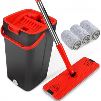 2-Chamber Wet and Dry Use Dust Mop, Microfiber Mops for Floor Cleaning, 3 Reusable Mop Pads, Black & Red
