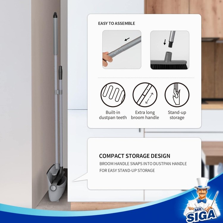 MR.SIGA Broom and Dustpan Set with Adjustable Long Handle, Upright Combo for Floor, Cleaning Lobby, Gray