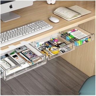 3 Pack Under Desk Drawer Organizer, Slide Out Desk Drawer, Clear Plastic Drawer Under Desk