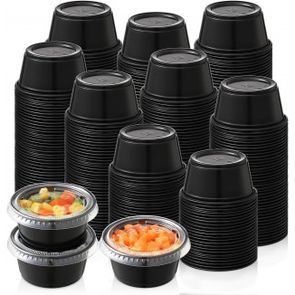 AOZITA 200-2 oz Black Jello Shot Cups, Portion Cups, Small Plastic Containers with Lids, Airtight Souffle Cups