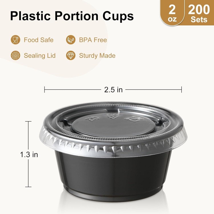 AOZITA 200-2 oz Black Jello Shot Cups, Portion Cups, Small Plastic Containers with Lids, Airtight Souffle Cups