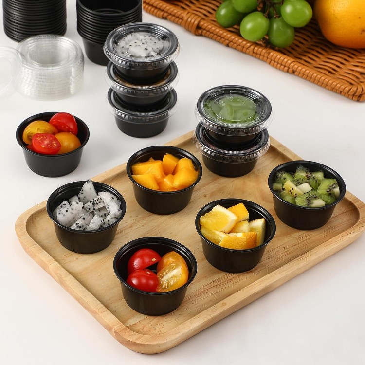 AOZITA 200-2 oz Black Jello Shot Cups, Portion Cups, Small Plastic Containers with Lids, Airtight Souffle Cups