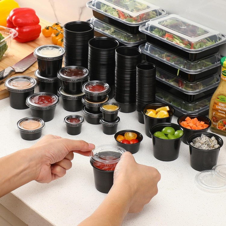 AOZITA 200-2 oz Black Jello Shot Cups, Portion Cups, Small Plastic Containers with Lids, Airtight Souffle Cups