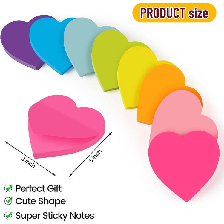 Heart Sticky Notes 3x3 in, 8 Pads, Super Cute Bright Color
