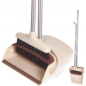 Upright Dustpans with Broom Combo for Home Kitchen Office Pet Dog Hair, Brown & Beige Color, 1-Pack