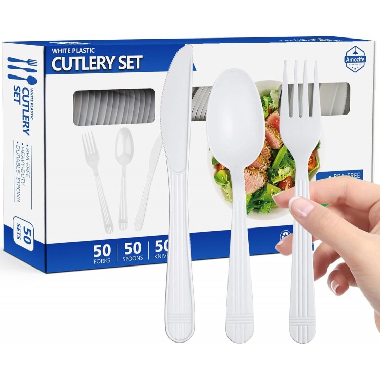 150 Count Heavy Duty Plastic Silverware, Disposable Plastic Utensils Heavy Duty, Premium White Plastic Cutlery Set