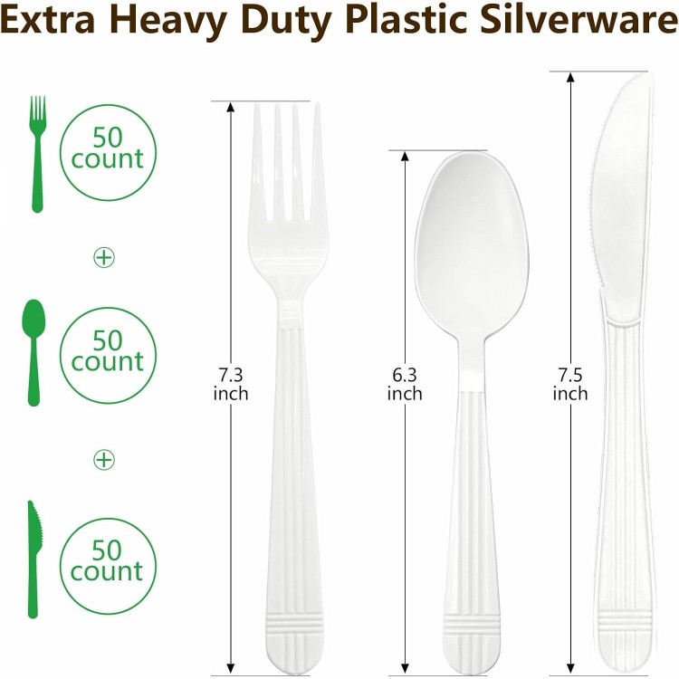 150 Count Heavy Duty Plastic Silverware, Disposable Plastic Utensils Heavy Duty, Premium White Plastic Cutlery Set