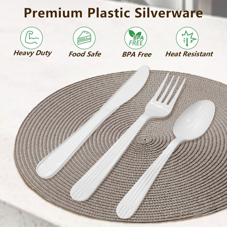 150 Count Heavy Duty Plastic Silverware, Disposable Plastic Utensils Heavy Duty, Premium White Plastic Cutlery Set