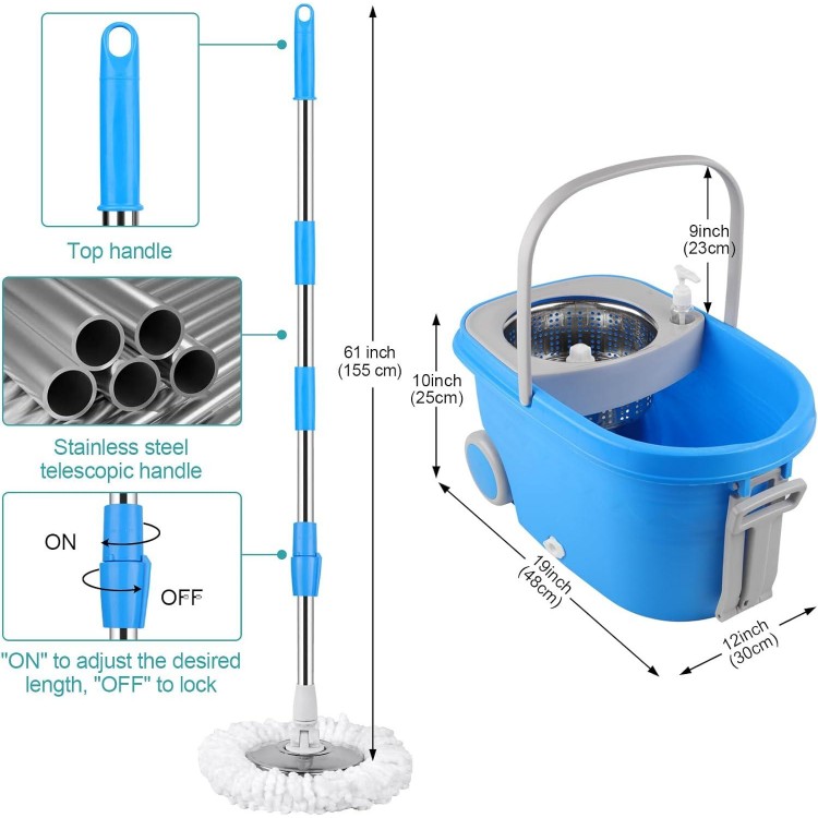 3 Microfiber Mop Replacement Head Refills, 61 Stainless Steel Extended Handle for Home Office-Blue