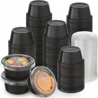 [130 Sets - 2 Oz ]Black Plastic Portion Cups, Jello Shot Cups, Small Plastic Containers with Lids