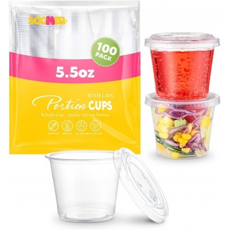 [100 Sets - 5.5 oz Small Plastic Containers with Lids - Portion Cups for Fruits, Candy, Nuts - Disposable Food Containers