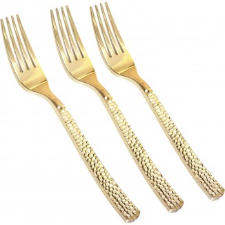Supernal 300pcs Gold Plastic Forks,Disposable Hammered Forks,Premium Heavyweight Silverware Polished,Perfect