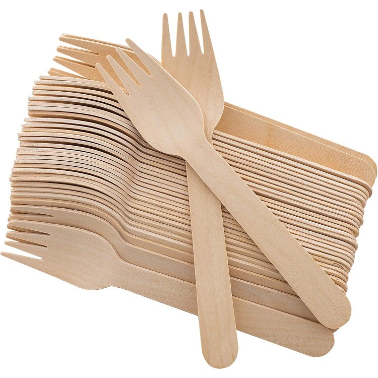 Disposable Wooden Forks -Pack of 100, 6.5 Length-Biodegradable, Natural Wooden Utensils