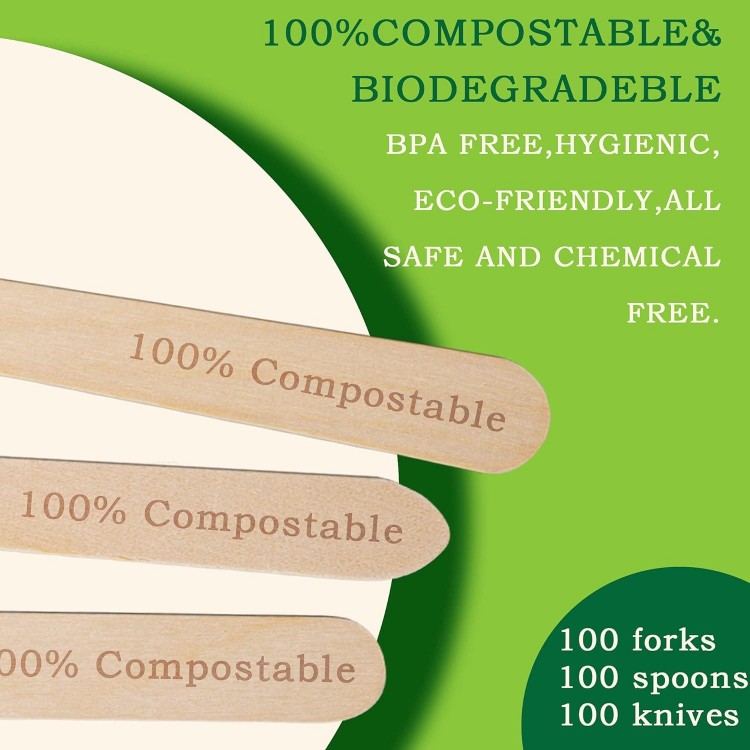 Disposable Wooden Forks -Pack of 100, 6.5 Length-Biodegradable, Natural Wooden Utensils