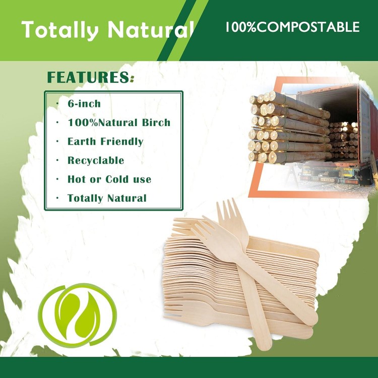 Disposable Wooden Forks -Pack of 100, 6.5 Length-Biodegradable, Natural Wooden Utensils