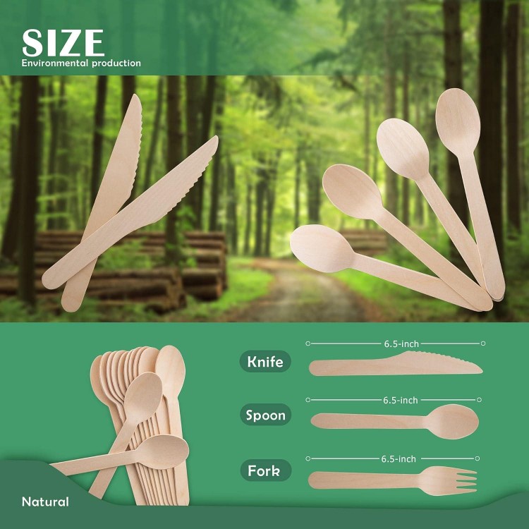 Disposable Wooden Forks -Pack of 100, 6.5 Length-Biodegradable, Natural Wooden Utensils