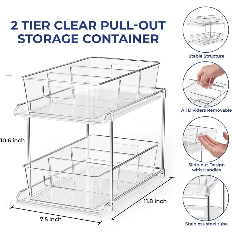 2 Pack 2 Tier Clear Organizer with Dividers Multi-purpose Under Sink Organizers