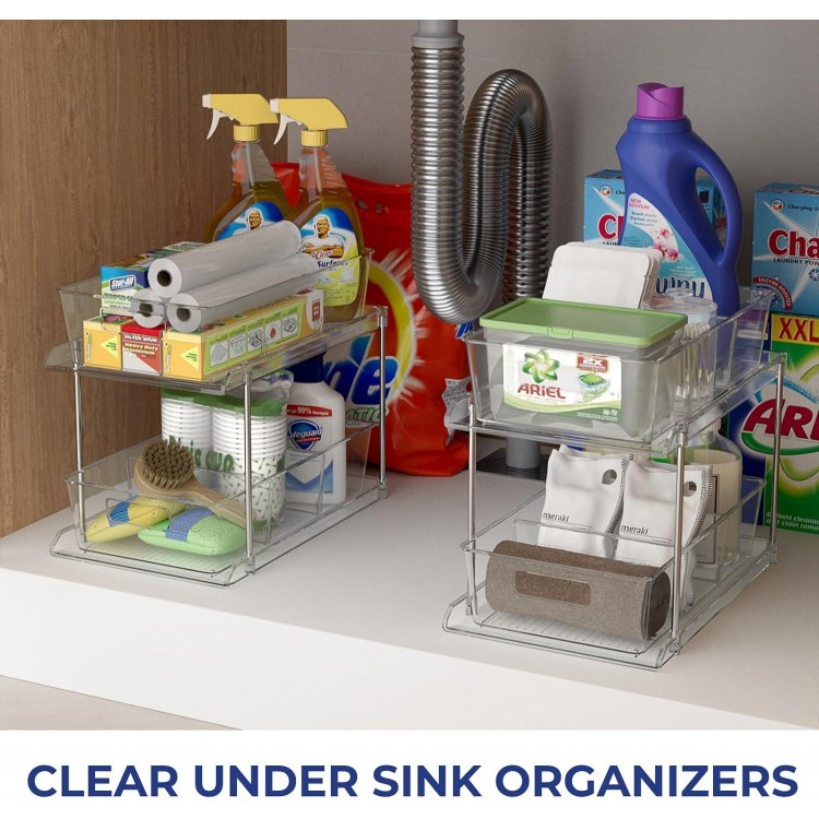 2 Pack 2 Tier Clear Organizer with Dividers Multi-purpose Under Sink Organizers