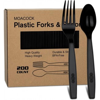 200 Count Plastic Silverware, Heavy Weight Plastic Forks Spoons, Disposable Utensils Cutlery Set