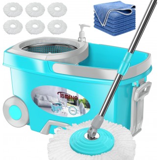 Spinning Mopping Floor Cleaning Tool with 6 Microfiber Replacement Head Refills & 6 Cleaning Cloths,61 Extended Handle,Blue
