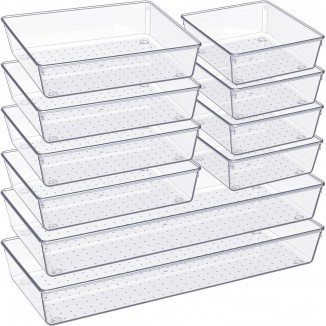 Criusia Drawer Organizer, 10 Pack Large Clear Plastic Drawer Organizers Set, 3 Size Versatile Bathroom