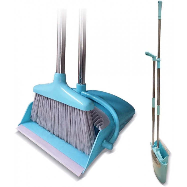 Upright Lobby Broom and Dust Pan Combo with Long Handle Outdoor Indoor for Home Kitchen Room Office (Blue)