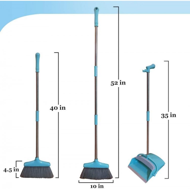 Upright Lobby Broom and Dust Pan Combo with Long Handle Outdoor Indoor for Home Kitchen Room Office (Blue)