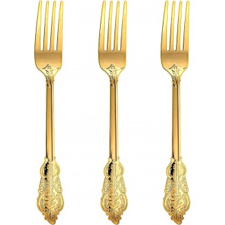 N9R 100Pcs Gold Plastic Forks, Solid, Durable and Heavy Duty Plastic Forks, Perfect Utensils for Parties, Weddings