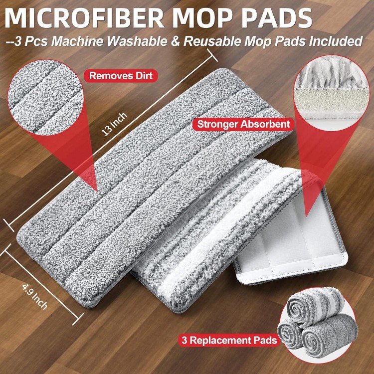  3 Washable Microfiber Pads, Hands Free Wet and Dry Use Mop Set, Long Handle Flat Mops for Hardwood Floor Cleaning,Tile