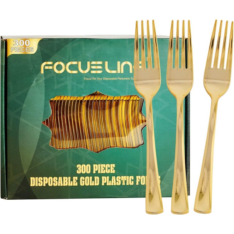 FOCUSLINE 300 Pack Disposable Gold Plastic Forks, Solid and Durable Plastic Cutlery Forks