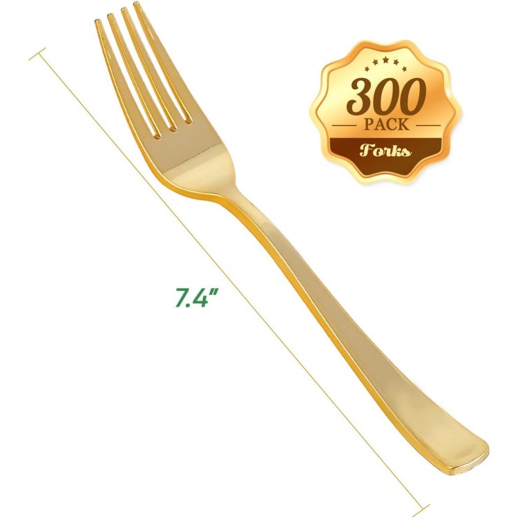 FOCUSLINE 300 Pack Disposable Gold Plastic Forks, Solid and Durable Plastic Cutlery Forks