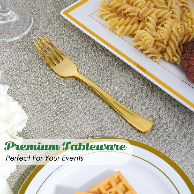 FOCUSLINE 300 Pack Disposable Gold Plastic Forks, Solid and Durable Plastic Cutlery Forks