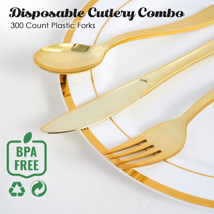 FOCUSLINE 300 Pack Disposable Gold Plastic Forks, Solid and Durable Plastic Cutlery Forks