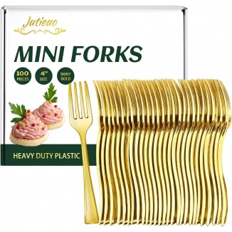 Mini Gold Forks 4 Inch (100-Count) Disposable Plastic Appetizer Fork for Cocktail Hors D'oeuvres, Dessert Cups