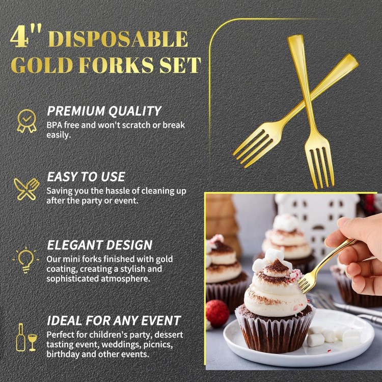 Mini Gold Forks 4 Inch (100-Count) Disposable Plastic Appetizer Fork for Cocktail Hors D'oeuvres, Dessert Cups
