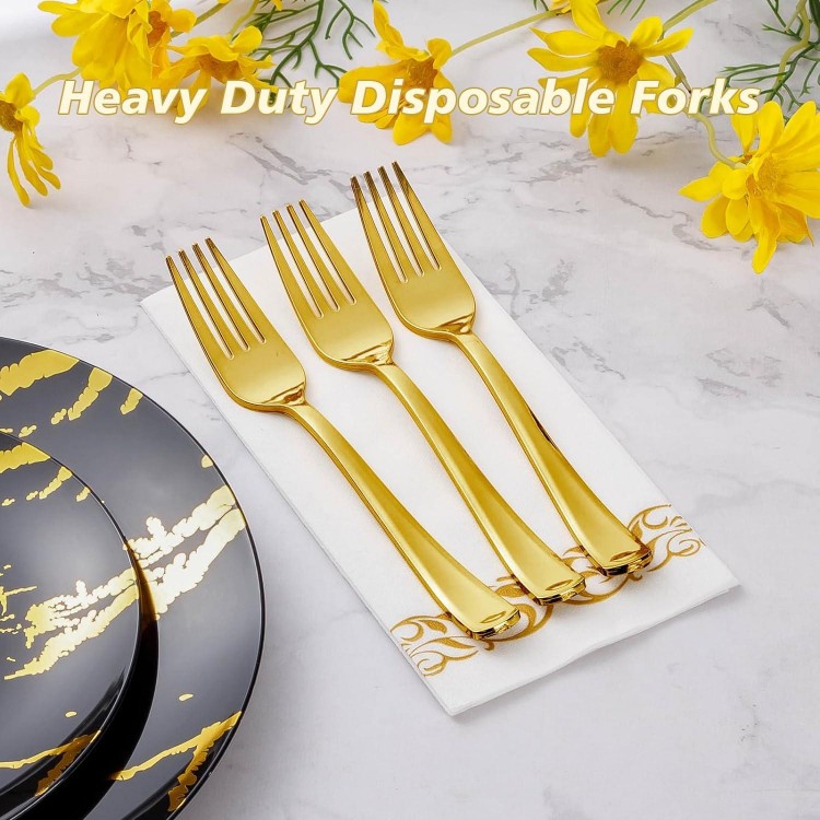 50 Pack Gold Plastic Forks, Heavy Duty Gold Forks Disposable, Gold Plastic Cutlery Perfect for Weddings, Parties, Dinners