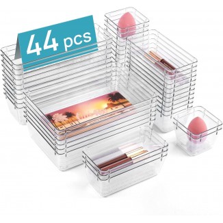 Vtopmart 44 PCS Clear Plastic Drawer Organizers Set, 4-Size Versatile Bathroom and Vanity Organizer Trays