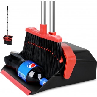 Large Upright Brooms and Dust Pans, ZeroGap Lip, Self-Cleaning Dustpan Teeth for Lobby Kitchen Office Restaurant - Black and Red